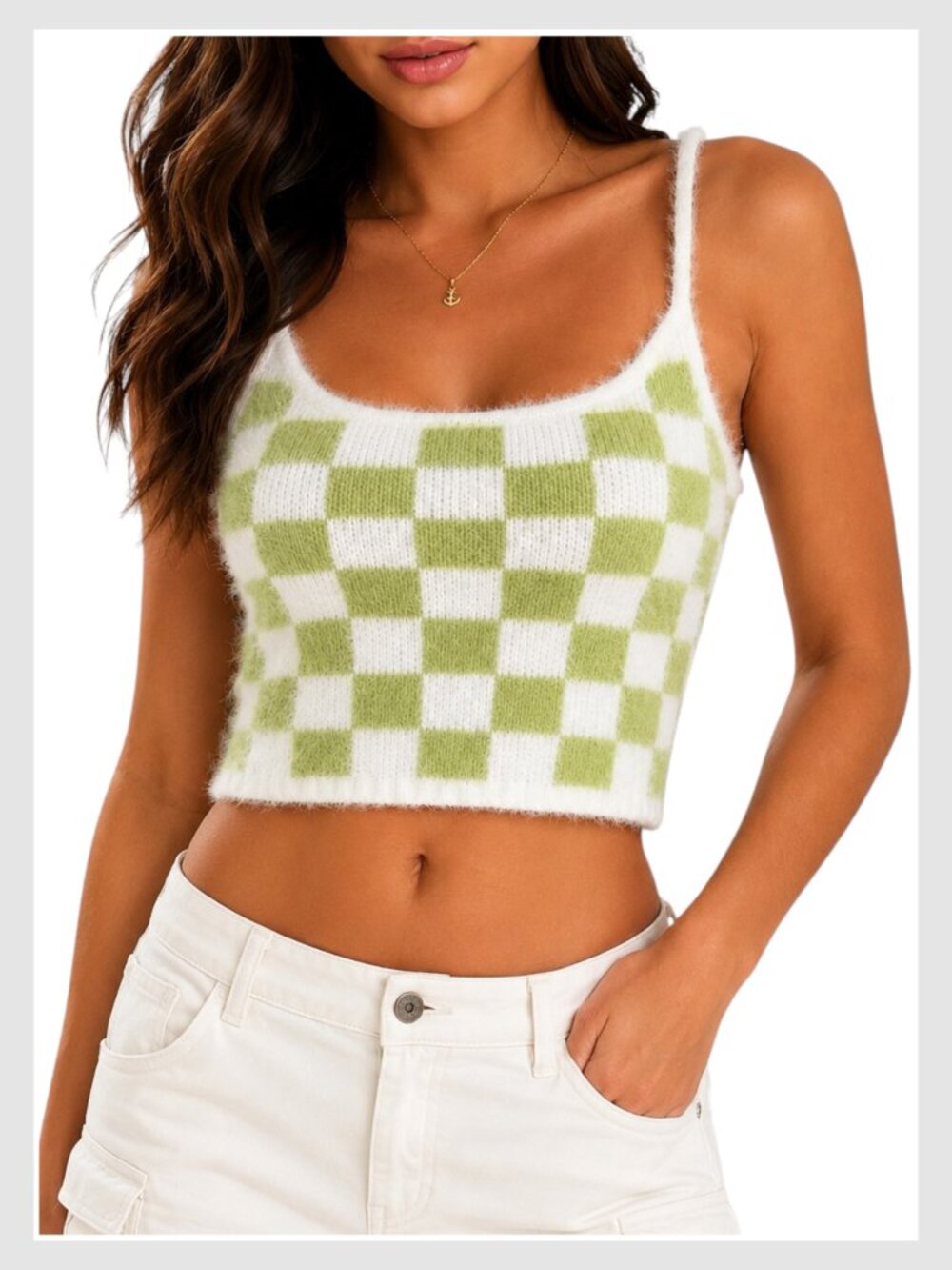 LA Hearts Checkerboard Fuzzy Knit Crop Tank Green XS